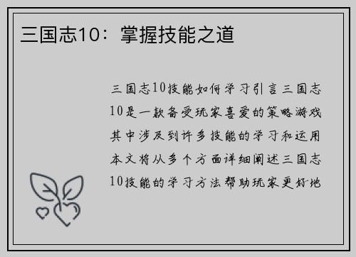 三国志10:掌握技能之道